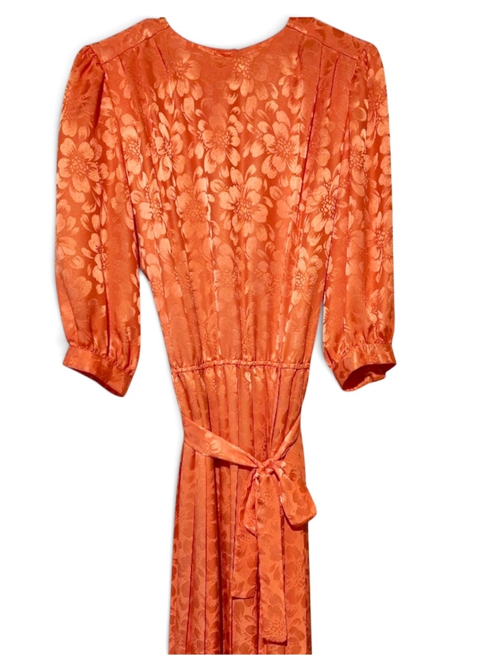 Floral Jacquard Puff Sleeve Midi Pleated Dress,Coral Orange with Self-Tie Waist